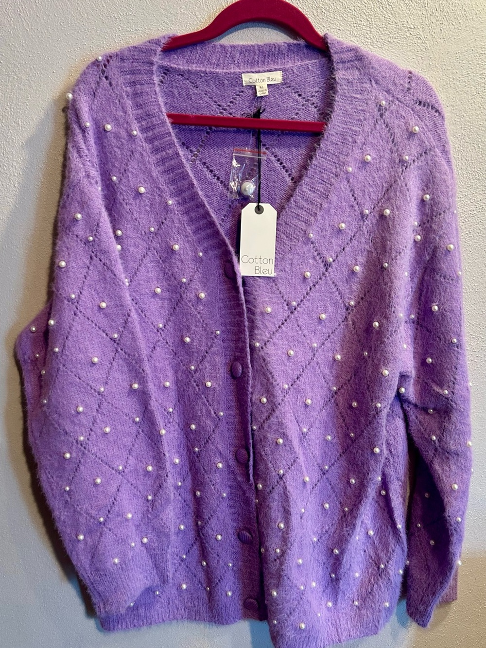 Cotton Bleu Lilac Pearl-Embellished V-Neck Cardigan